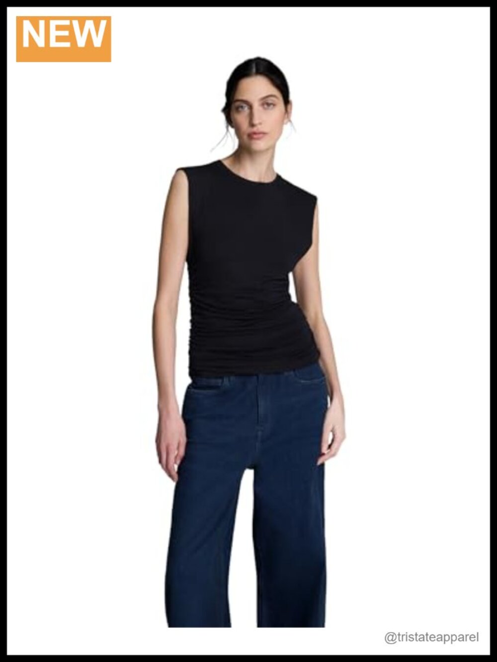 Sleeveless Side Ruched Knit Top, 95% Viscose 5% Elastane, Pull-On Crew Neck